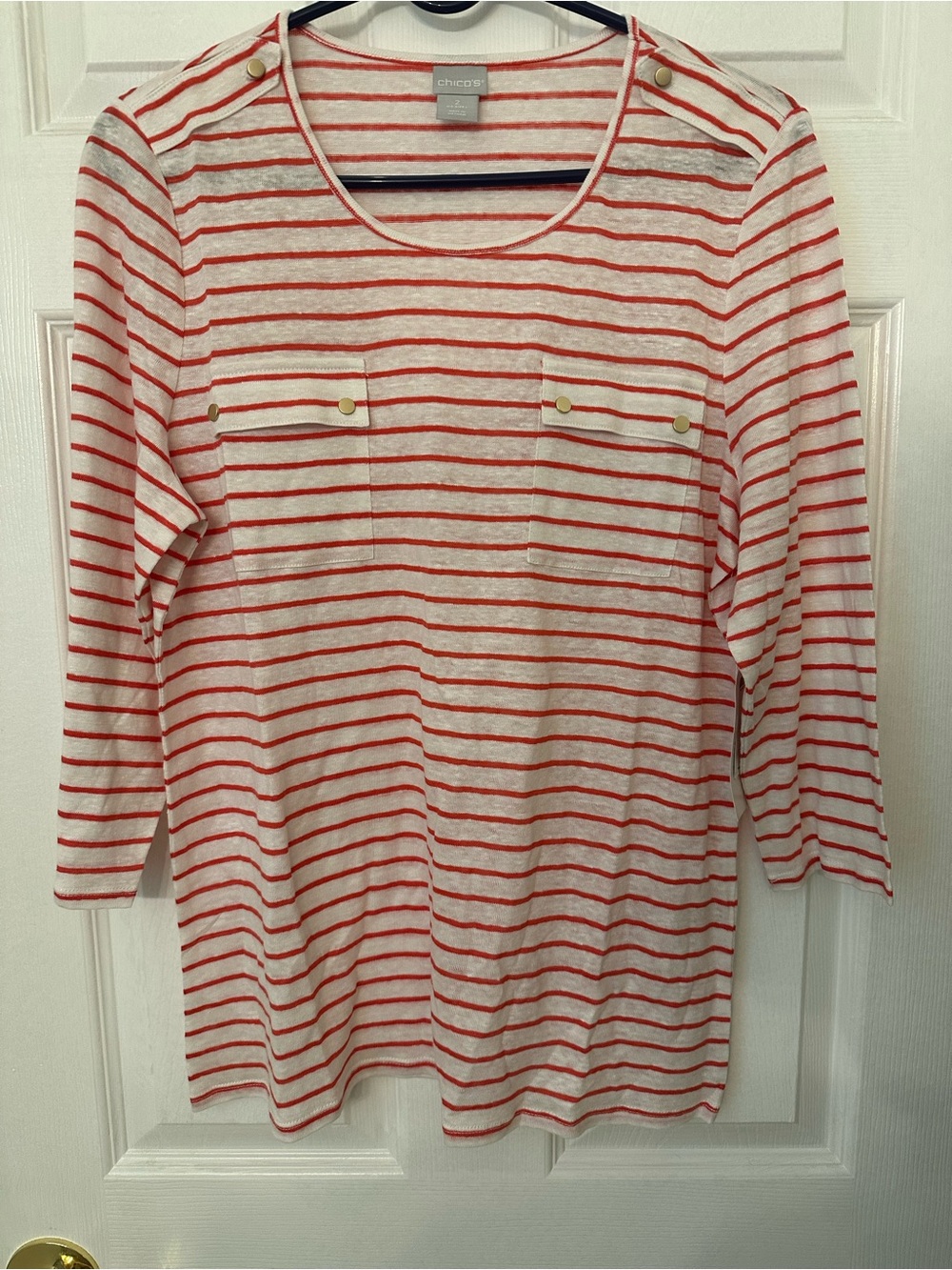 Chico's Coral and Ivory Striped Knit Top